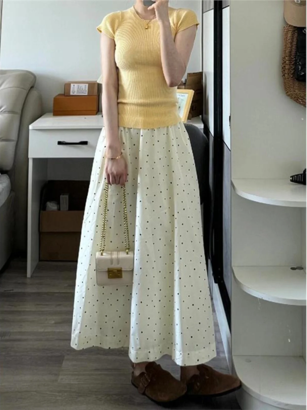 

High Waist A-Line Midi Skirt for Women Spring Summer plus Size Polka Dot Long Umbrella Skirt Pear Shape Body Covering Skirt