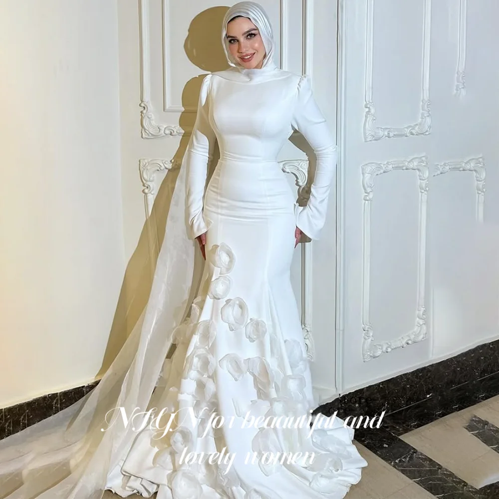 Nfyn branco elegante vestido formal regular manga longa vestido de noite sereia 3d-flores plissados vestidos de noite robe soirée personalizado