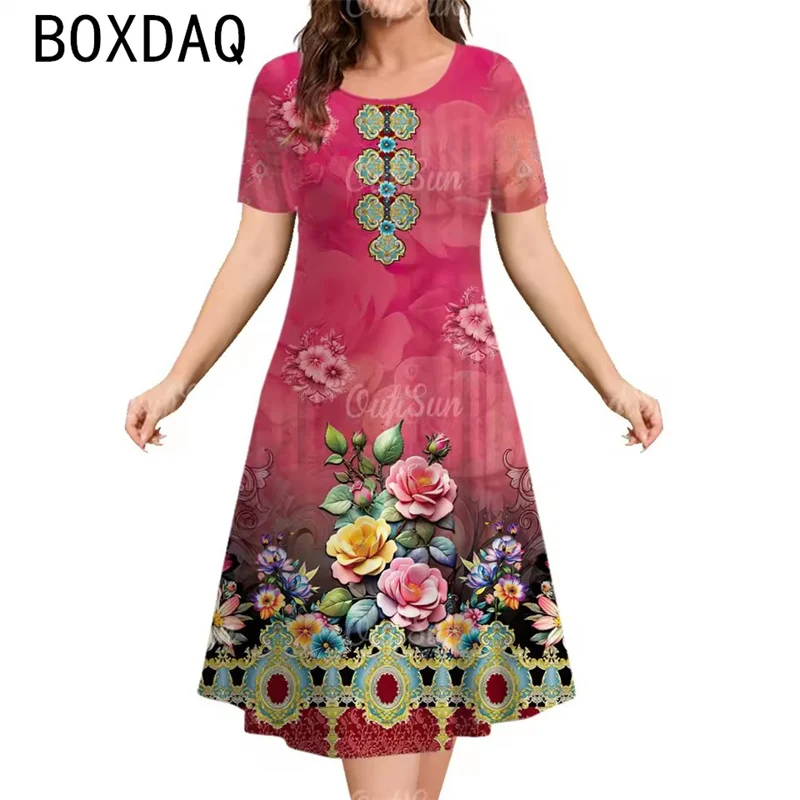 

Винтажное повседневное платье трапециевидной формы с цветами, летнее женское элегантное свободное платье больших размеров с коротким рукавом, модное платье в этническом стиле, Vestidos