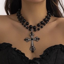 KunJoe Gothic Style Large Cross Pendant Necklace for Women Vintage Multilayer Black Acrylic Beads Necklace Halloween Accessories