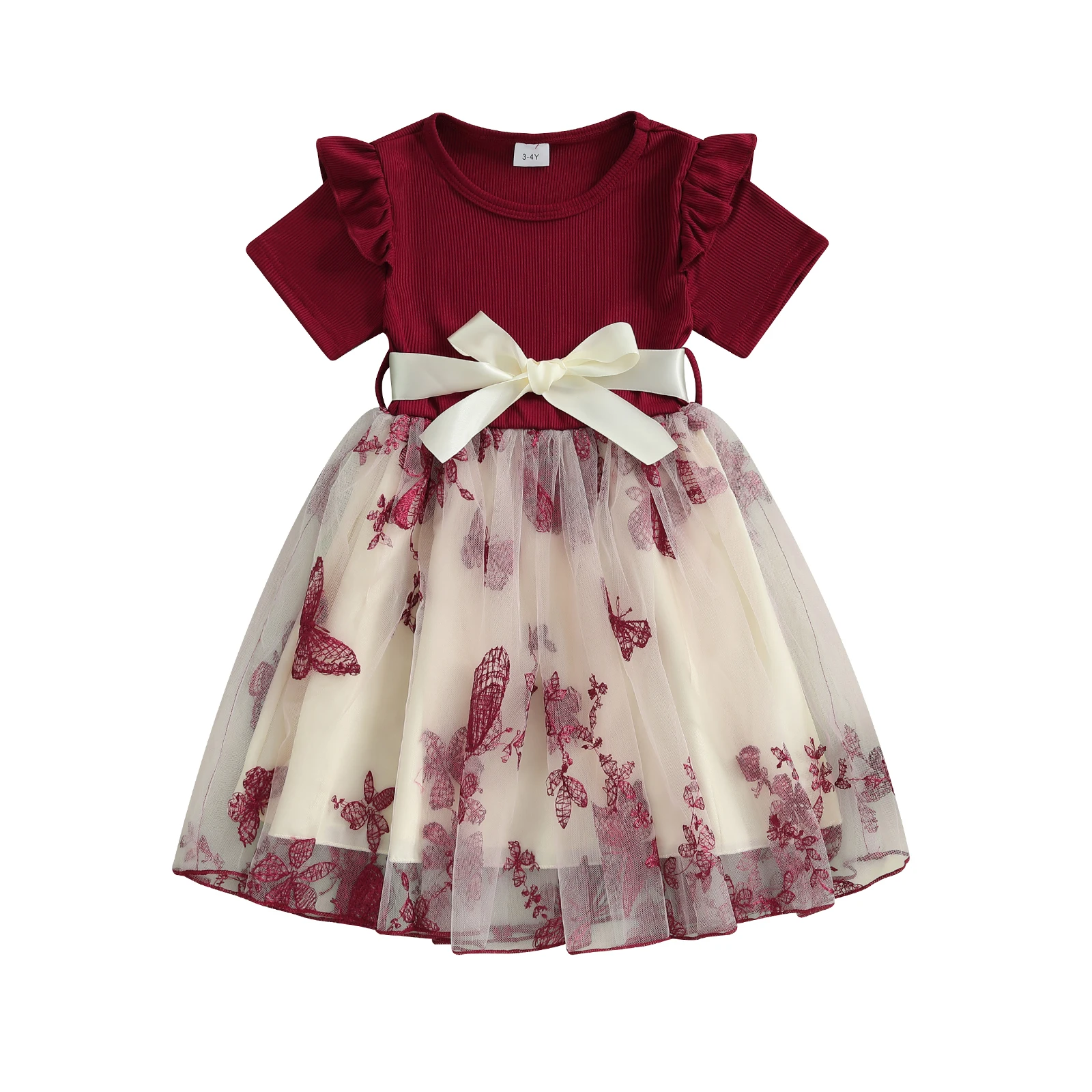 3-10Y Children Girls Tulle Dress Short Sleeve Round Neck Floral Embroidery Belted Dress Kids Party Dress