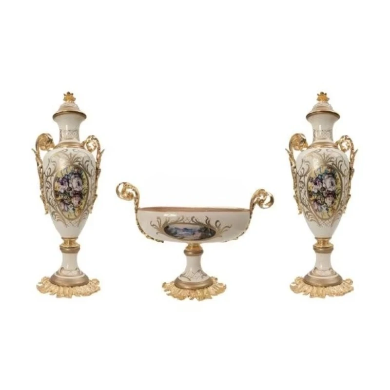 

Handmade Solid Brass and Porcelain Classic Set Tall Double Vase with Floral Center Bowl