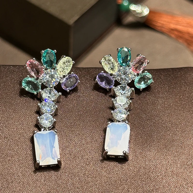 Spring summer new color gemstone flower crystal earrings long zircon sweet party accessory