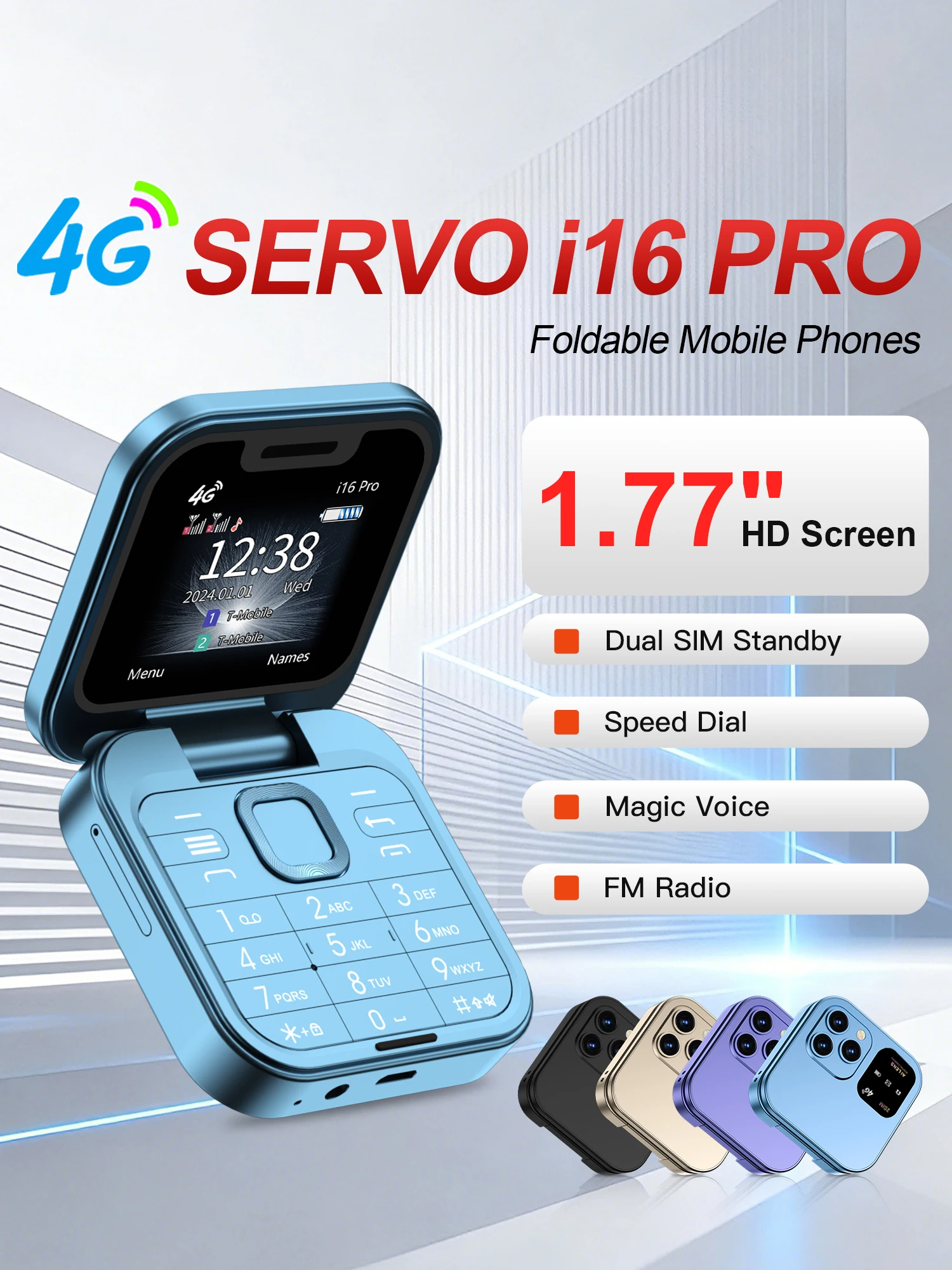 SERVO i16 Pro 4G LTE Netzwerk Mini-Klapphandy 2 SIM Standby Anrufaufzeichnung Kurzwahl FM-Radio 1,77-Zoll-Bildschirm Kleines Klapp-Handy