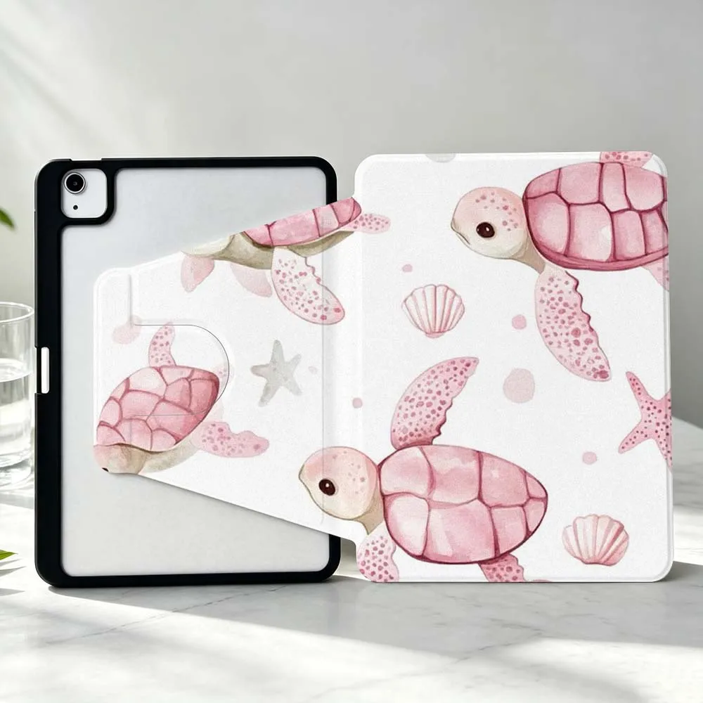 Art Pink Turtle Soft For iPad Pro Air mini 6 5 4 12th M5 M4 M3 M2 A16 A17Pro 360° Rotation Stylus Storage Tablet Case