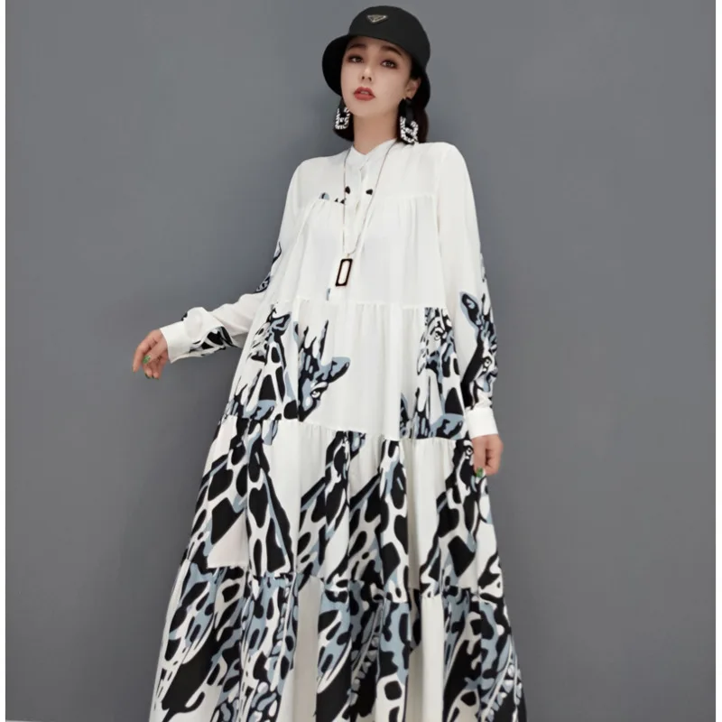 Women Long Sleeves Crew Neck Dress Loose Leisure Mid-length Printing Temperament White A-line Dress 2024 Spring Autumn LHX1756F1