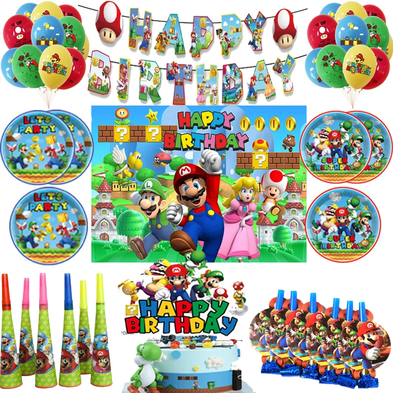 Super Marioed Bros Birthday Party Decorations Disposable Tableware Napkin Tablecloth Foil Balloons Sticker Baby Shower Supplies