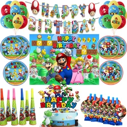 Super Marioed Bros-vajilla desechable para fiesta de cumpleaños, servilleta, mantel, globos de aluminio, pegatina, suministros para Baby Shower