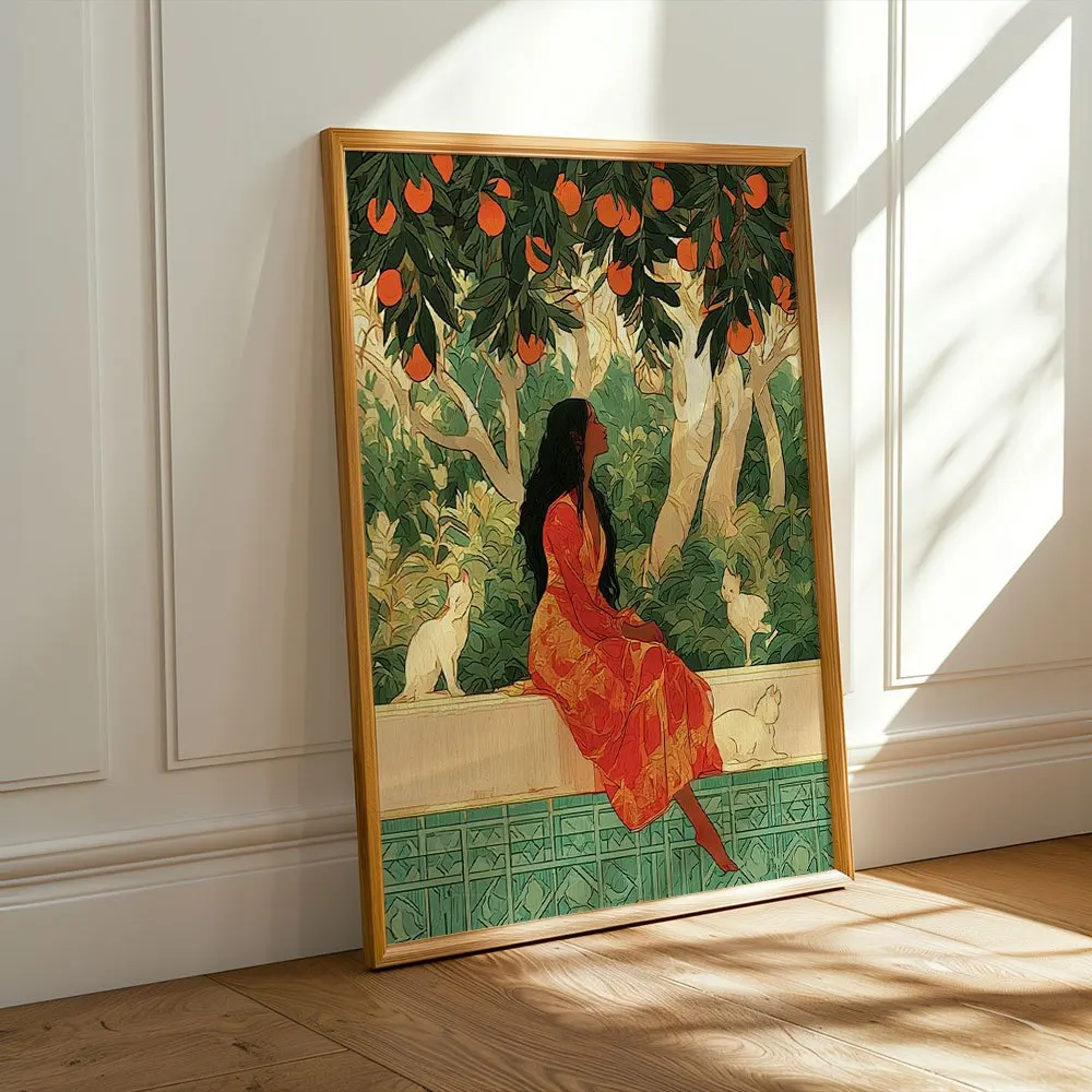 Oil‑painting Style Orange‑tree Lady In Red Dress With Cats Canvas Wall Decor Picture, 2D Printed Poster Wall Art, Vintage Home D