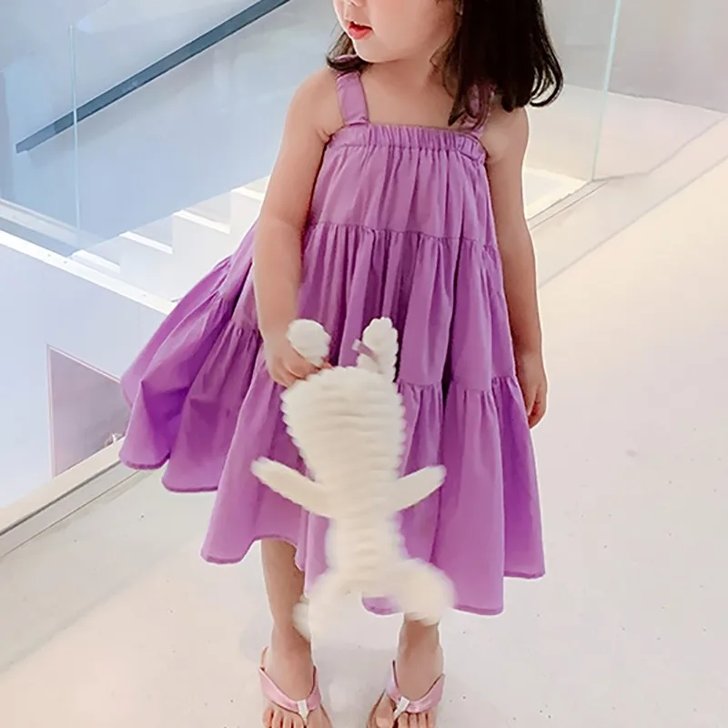 Summer New Kids Girls Large Hem Dress Children\'s Clothing Solid Dress Suspender Princess Dresses Cute Beach Clothing