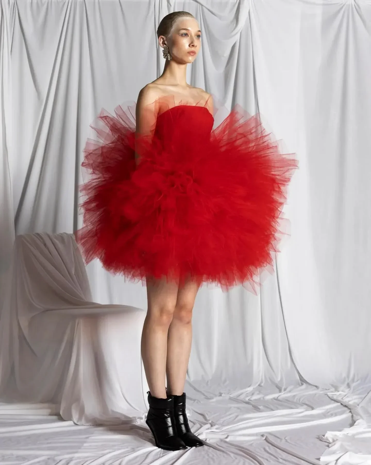 HOBBY Cute Red Puffy Tulle Skirts Ruffles For Birthday Party Photo Shoot Women Fashion Mini Length Tulle Dress Christmas Dress