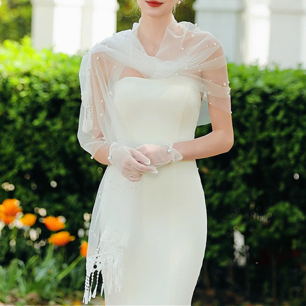 قبعات زفاف لؤلؤ فاخرة مع شرابات مطرزة للعرائس شال بوليرو مغطى لفستان الحفلات وإكسسوارات الزفاف والحفلات المسائية