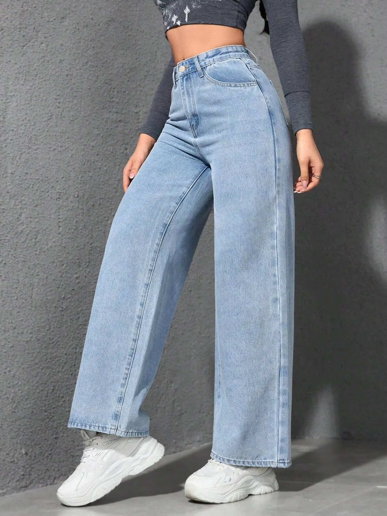 Women's 2025 New American Style Light Blue Washed Wide-Leg Denim Pants, Loose Fit High-Waisted Maxi Jeans for  Casual Wear