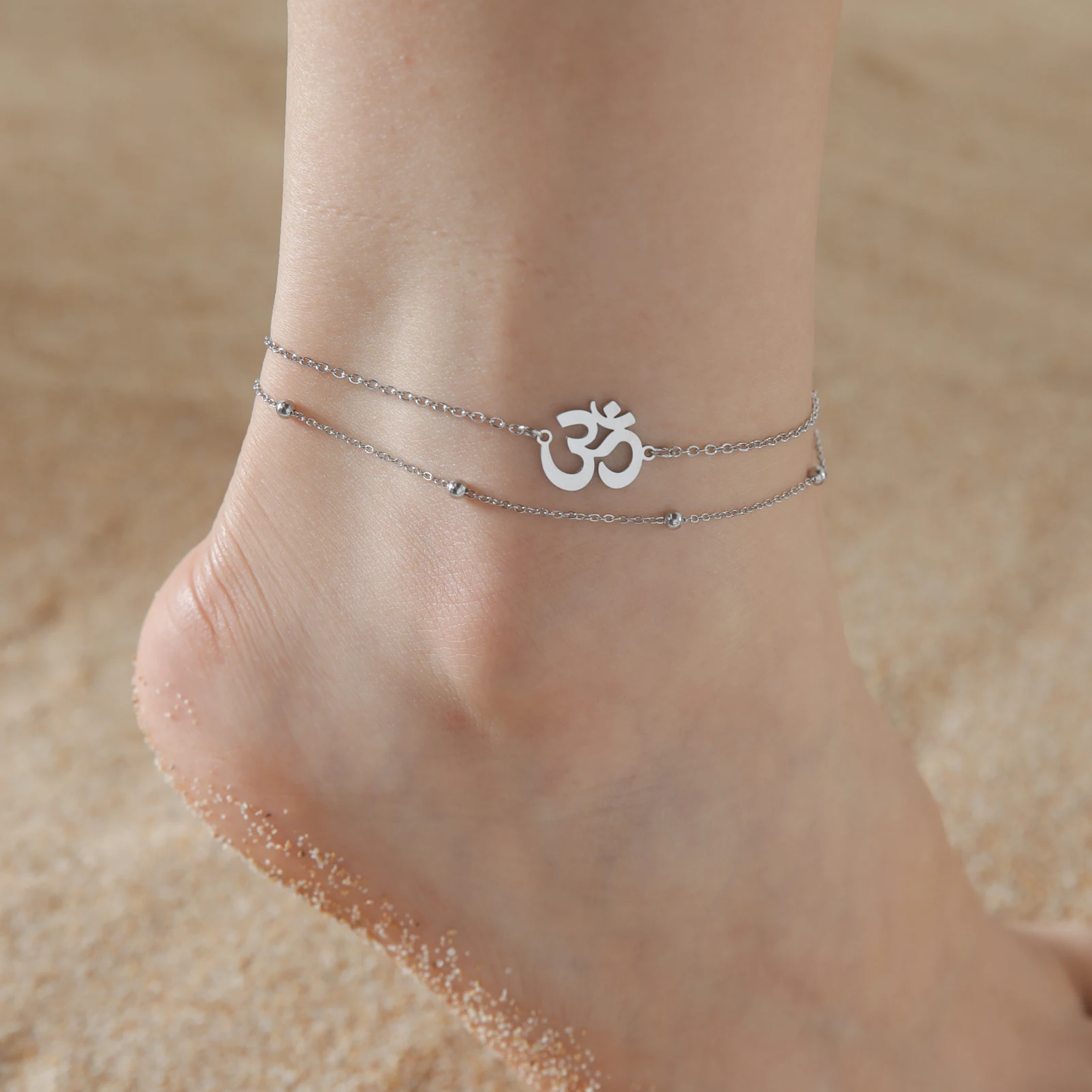 

Skyrim Indian Buddhism Yoga OM Anklet Women Stainless Steel Double Layer Beads Chain Ankle Bracelet Amulet Summer Accessories