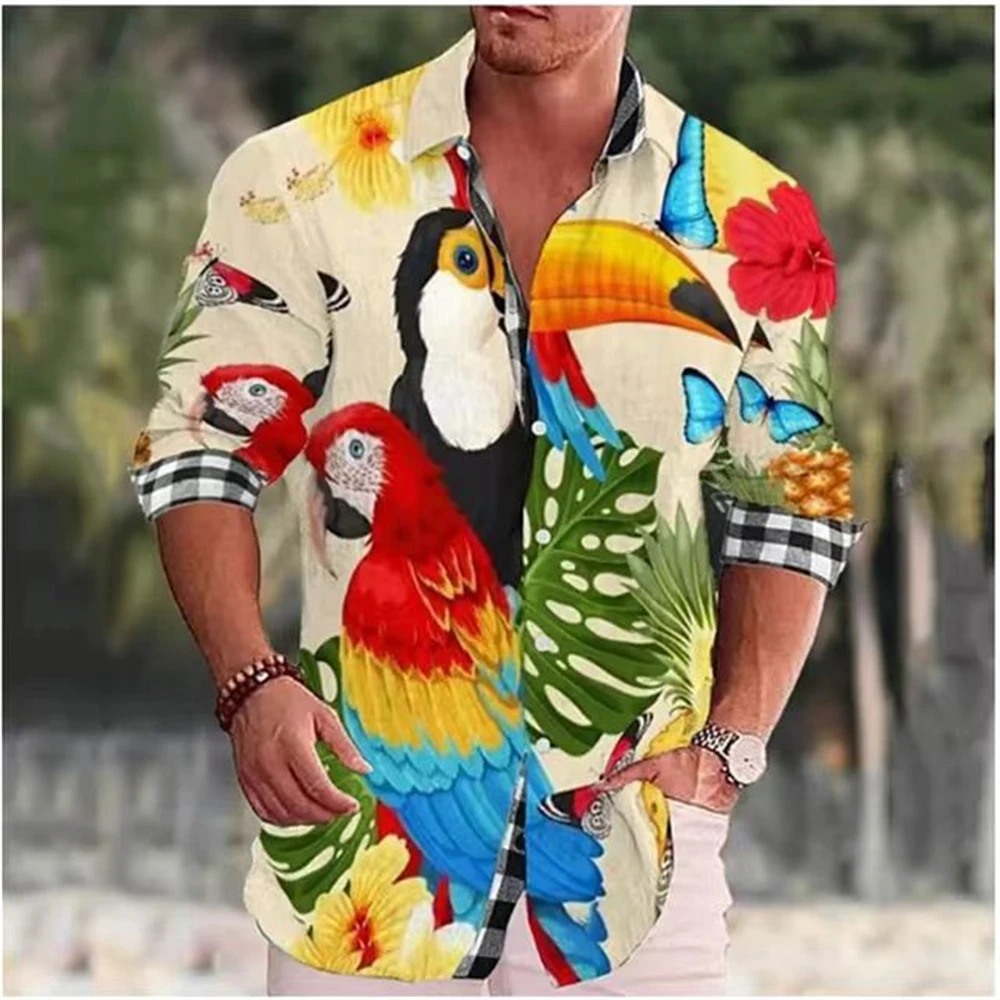 Popular Summer Men\'s Shirt Casual Vacation Hawaii Travel Beach Button Lapel Long Sleeve Shirt 18 Colors XS-6XL