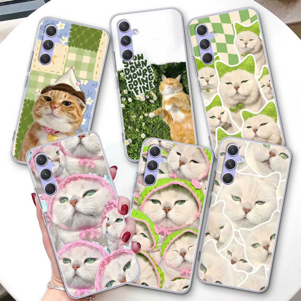 Transparent Case for Samsung Galaxy A57 A15 A27 A37 A16 A17 A54 A14 A22 A51 A53 TPU Phone Cover Silver Shaded Cute Ginger Cat