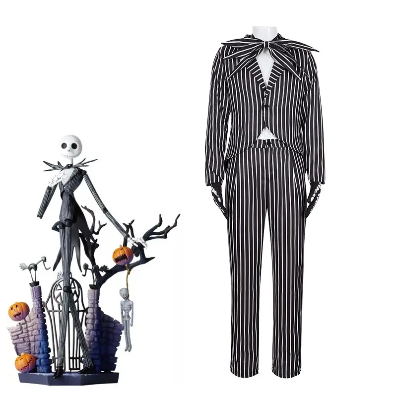 Disfraz de Jack Skelington, traje de Cosplay de pesadilla antes de Navidad, Top a rayas, pantalón, uniforme de fiesta de Halloween