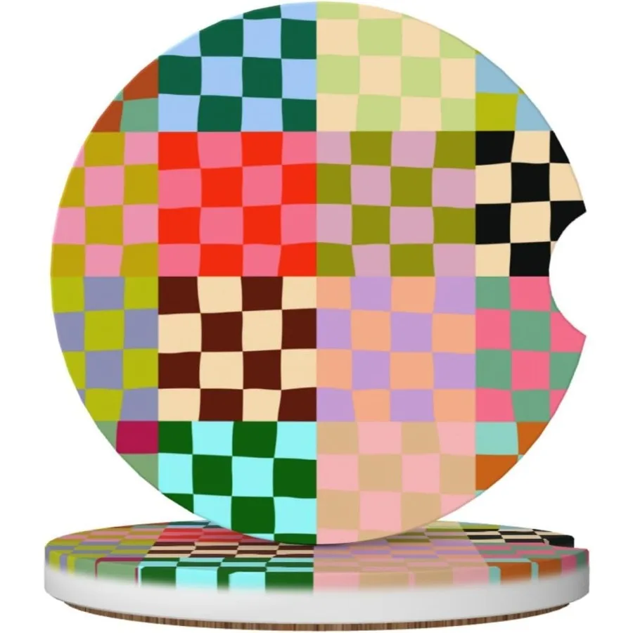 

Colorful Checkered Car Coasters for Cup Holders2 Pack Car Cup Holder Coasters for Car Ceramic Absorbent Car Coaster with A Fing