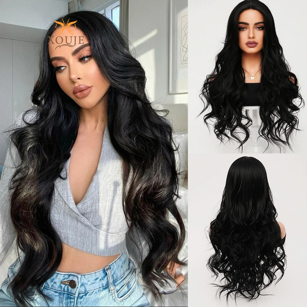 Black Wig Long Curly Synthetic Heat Resistant Wig Natural Wavy Center Parted Bangs Wig Daily Use Women\'s Holiday Prom Party