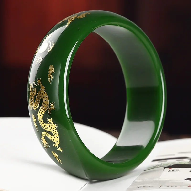 Spinach Green Jade Widened and Thickened Dragon Phoenix Chengxiang Bracelet Women's Fashion Versatile Bracelet