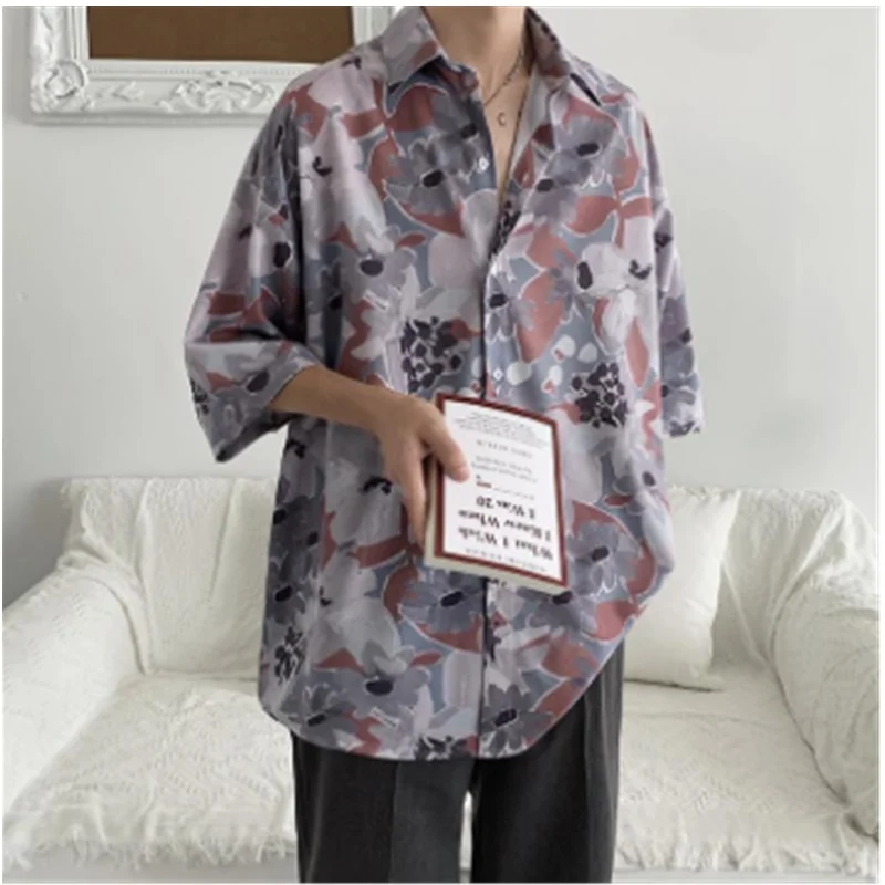 Fashion Street Apparel Retro Hong Kong Flower Shirt Loose Luxury Summer Short Sleeve Shirt Men's E0026