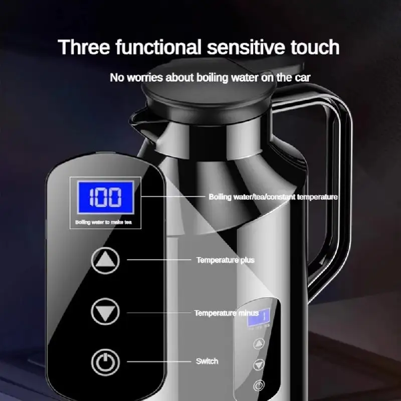 Car Electric Kettle Hot Water Boiler 200W 1500ml 12V 24V Stainless Steel Display with Cigarette Lighter Plug for Travel