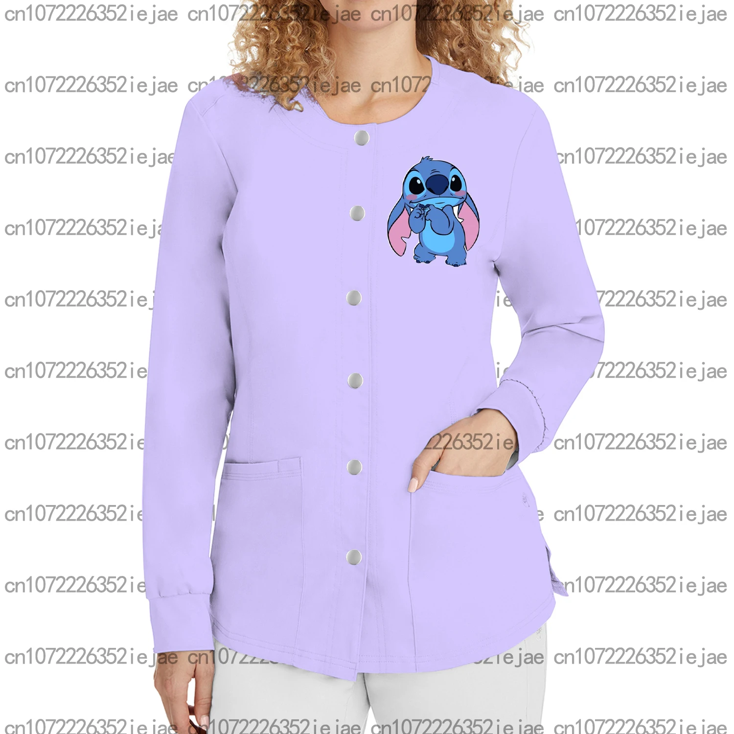 Winter Disney Stitch Printed Round Neck Long Sleeve Button Frosted Jacket Casual Fashion Medical Nurse Care Beauty Salon Coat