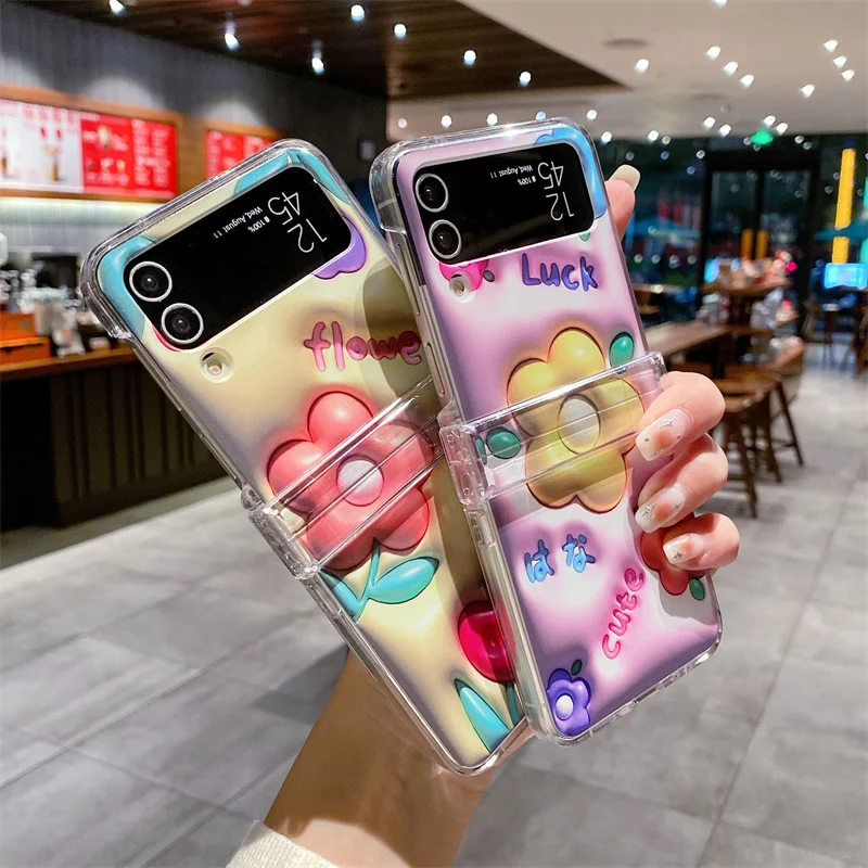 Cute Korean Case For Samsung Galaxy Z Flip 3 4 5G Fashion 3D Flower For Samsung Galaxy Z Flip3 Flip4 Shockproof Cover