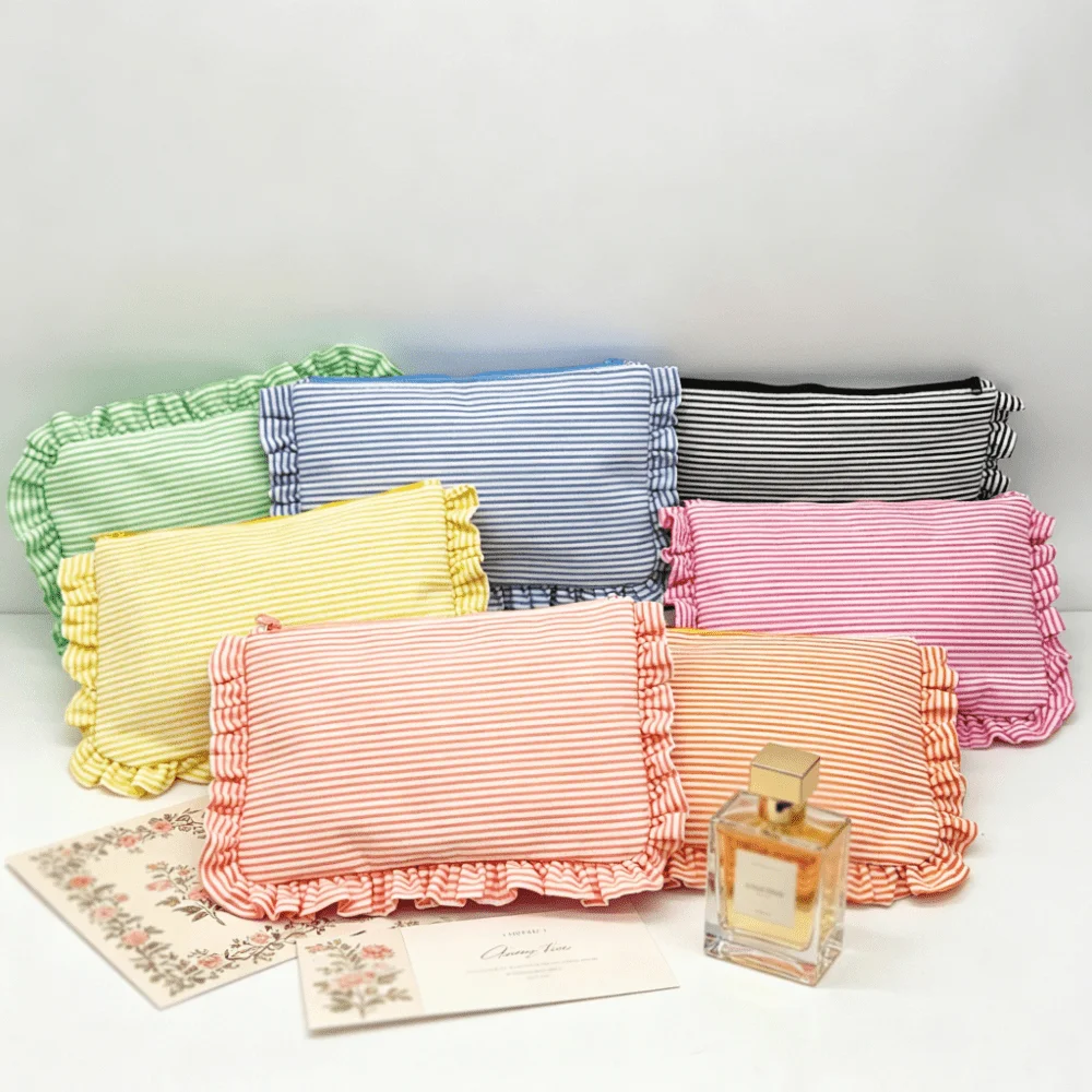 Stylish Ruffled Seersucker Makeup Bag Large Capacity Striped Cosmetic Pouch Portable Hand Clutch, Lightweight Wash Storage Bag