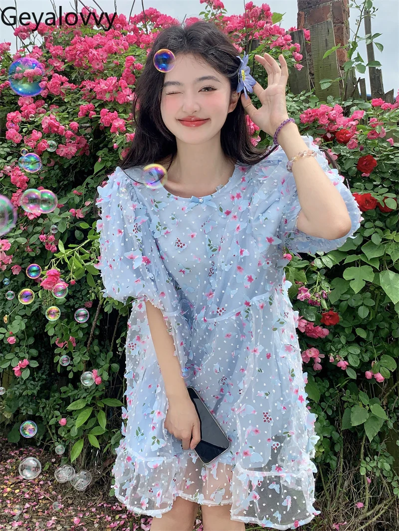 

Summer New Lace Mesh Floral Bow Crew Neck Short Dress Sweet Cute Girls High Waist Bubble Short-sleeve A-line Dresses