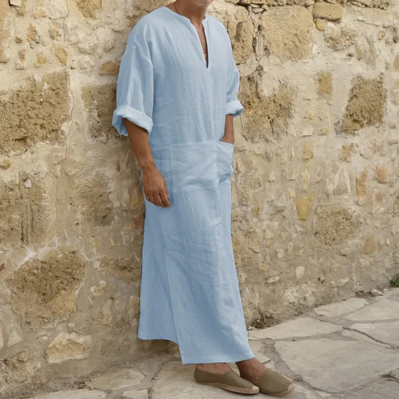 New Men Jubba Thobe Kaftan Muslim Arab Islamic V-neck Short Sleeve Solid Cotton Linen Robes Muslim Fashion Arabia Man abaya