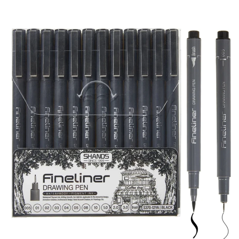 A Set of 12 Black Fine-Line Waterproof Ink Pens, Including Document Ink Pens, Pigment Liner Pens, Dotted Drawing Journals
