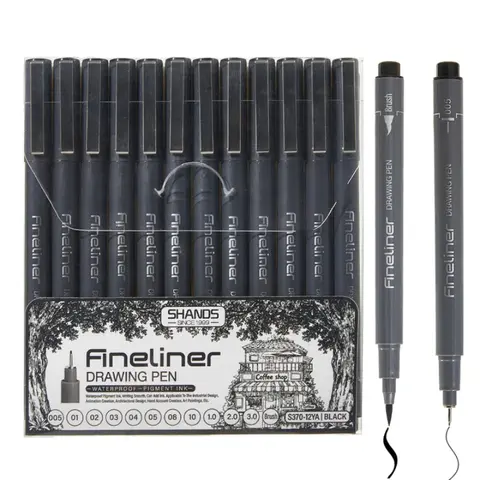 A set of 12 black fine-line waterproof ink pens, including document ink pens, pigment liner pens, dotted drawing journals