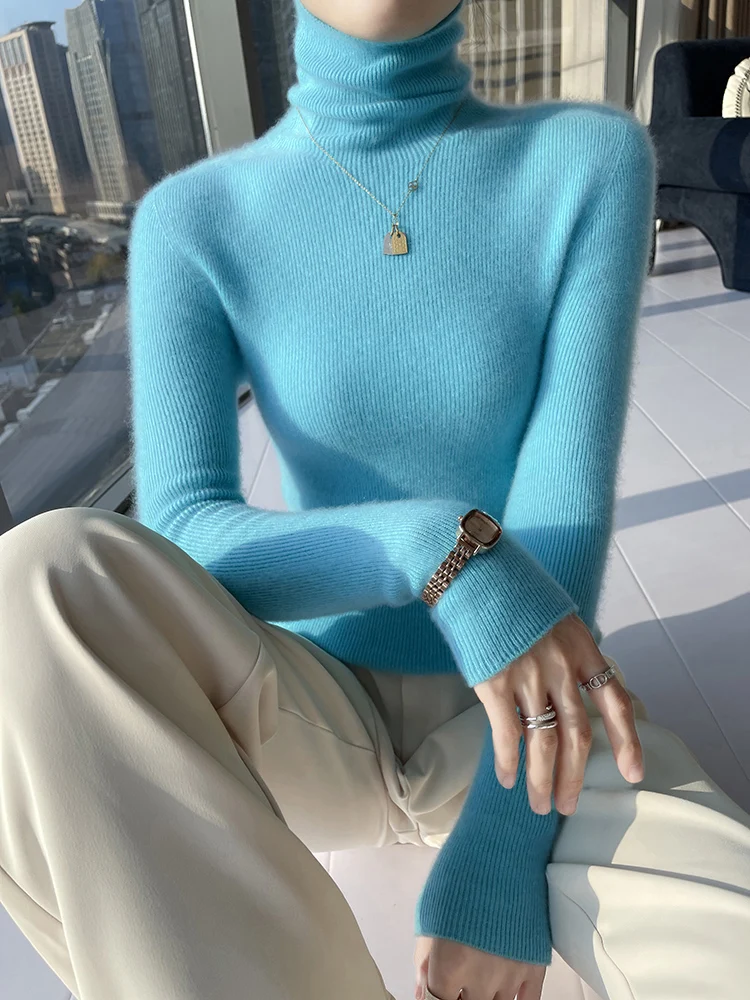 

New Autumn and Winter Women's High Necked Sweater, Stacked Collar Elastic Basic Long Sleeved Knitted Sweater