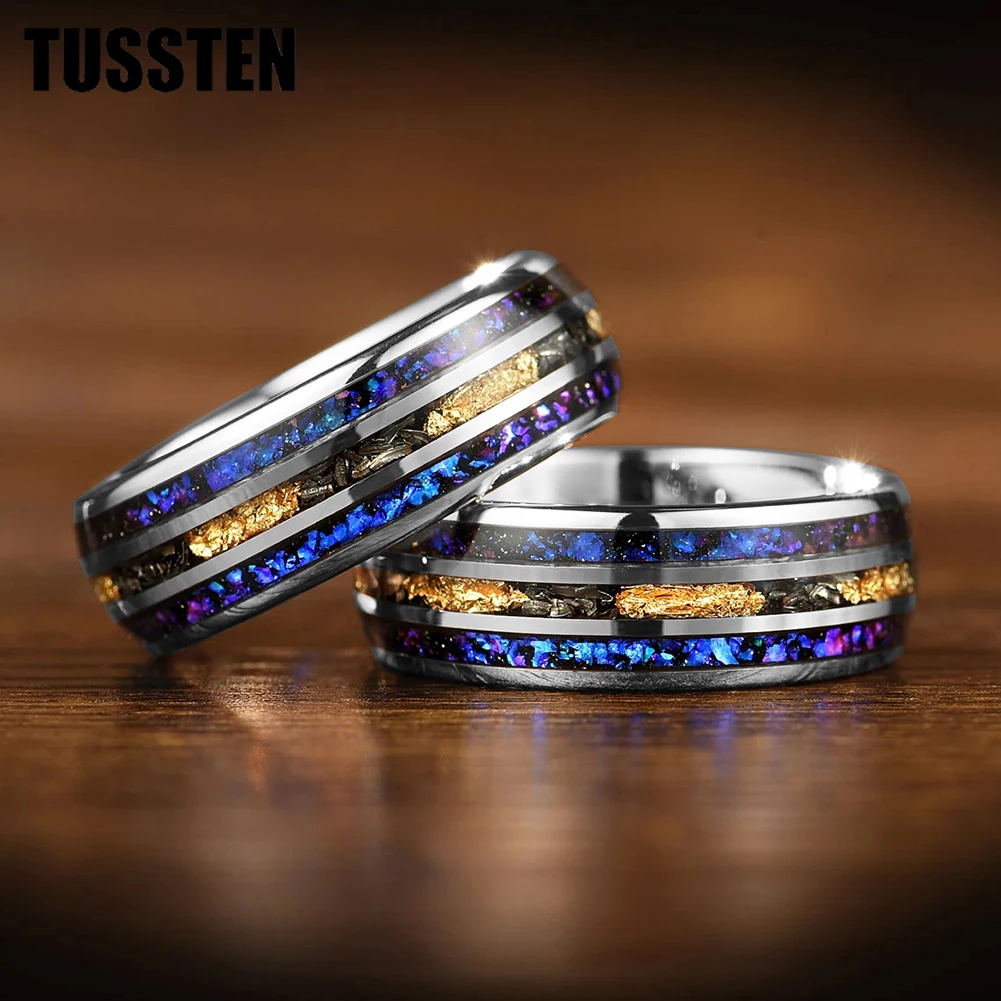 TUSSTEN-anillos de tungsteno de 8MM para hombres y mujeres, nébulosa de Orión, ópalo, meteorito, lámina dorada, incrustaciones, compromiso, promesa de boda