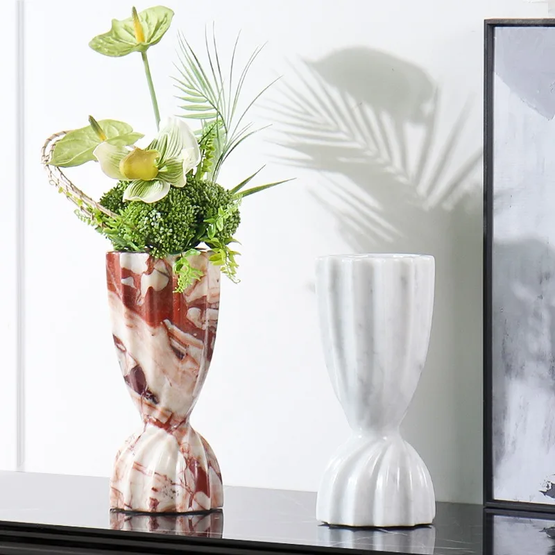 Elegant Marble Fluted Flower Vase, Luxury Tabletop Floral Ornament for Villa, Hotel, Showroom, Living Room & Home Interior Decor