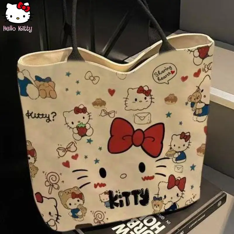 

Холщовая сумка Hello Kitty Sanrio для девочек с героями мультфильмов, модная косметичка, детская сумка-тоут, кавайная сумка на плечо, милая сумка для хранения