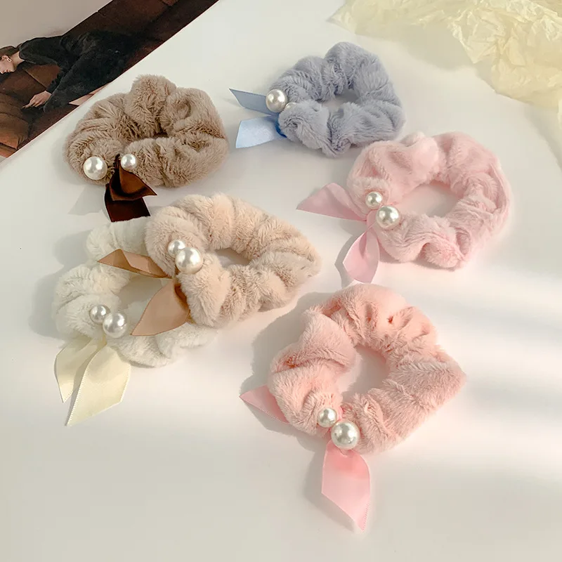 

Candy Colour Plush Large Intestine Hair Ring Pearl Bow Hair Rope Sweet Temperament Daily Hundred Winter Hair Accessories Women