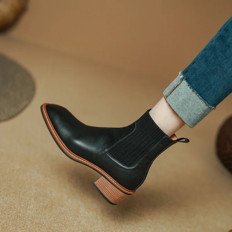 2024 Winter/Autumn Women Boots Ankle Boots Genuine Leather Shoes for Women Chelsea Short Boots Chunky Heel Ladies Women Shoes