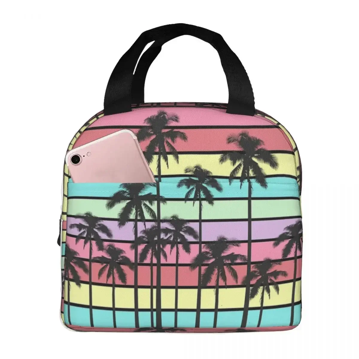 Bolsas de almuerzo con aislamiento de palmeras tropicales para mujer, bolsas de Picnic impermeables, bolsas de almuerzo para el Trabajo para niños, rayas coloridas de verano