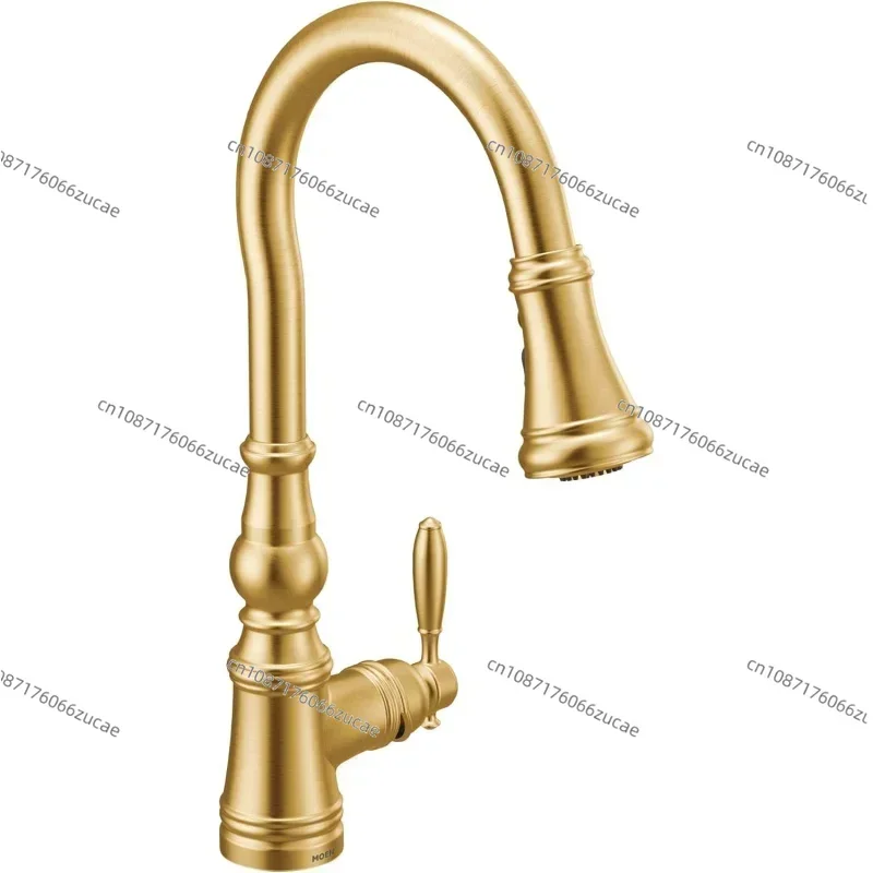 Moen Weymouth Brushed Gold Traditional Shepherd's Hook Pulldown Kitchen Faucet Featuring Pull Down Spray Head with Power Boost,