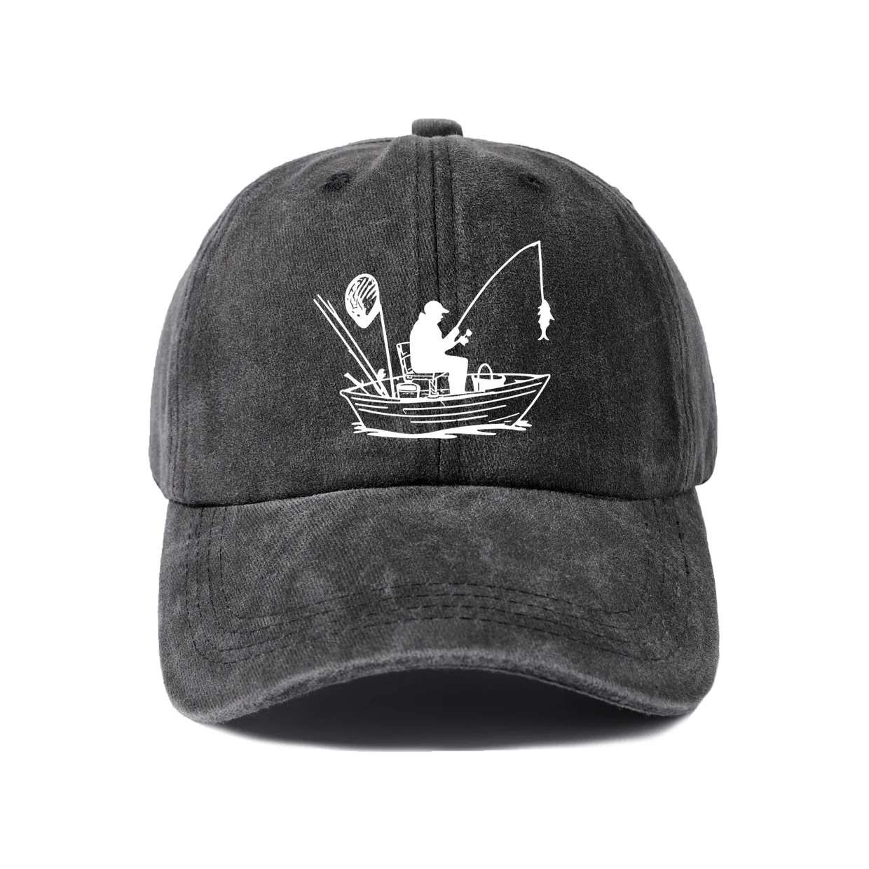Fishing Boat Silhouette Graphic Baseball Cap, Vintage Washed Adjustable Unisex Dad Hat, Casual Gift