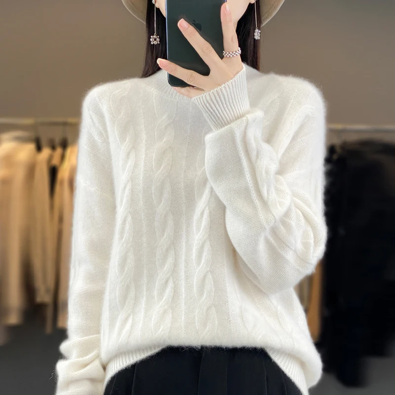 Fall/Winter 2023 New 100% Merino Wool Women\'s Semi-high Neck Solid Color Long Sleeve Sweater Knitted Pullover Leisure