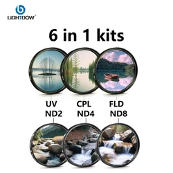 Lightdow UV+CPL+FLD+ND 2 4 8 Camera Lens Filter 6 in 1 Kits 49mm 52 55 58 62 67 72 77 82mm Kit for Cannon Nikon Sony Camera Lens