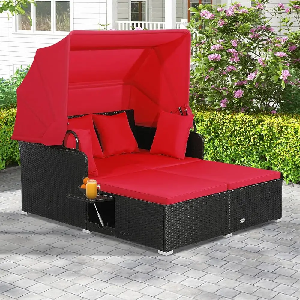 Sofá cama para exteriores, chaise lounge de mimbre para 2 personas con dosel retráctil, cojines y almohadas, 2 bandejas laterales, sofá doble para patio Pe