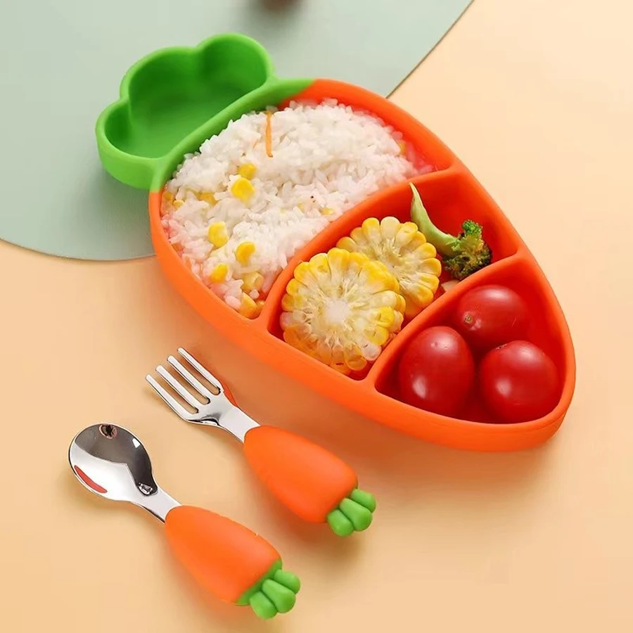 

Carrot stainless steel spoon fork large capacity insulated silicone tableware set with smooth edges and safe material