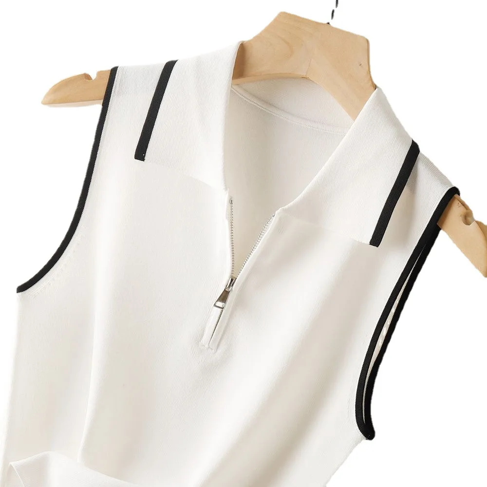 

Top women's summer new fashion Western style slim Joker color matching lapel sleeveless ice silk vest sweater
