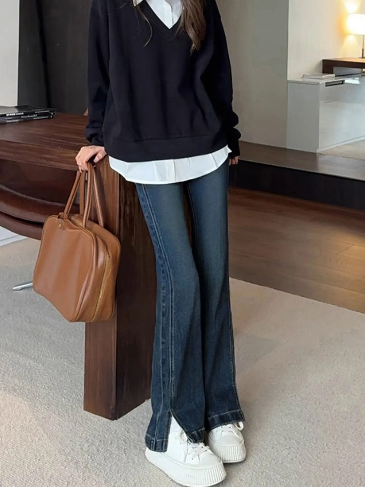

Deep Blue High Waist Slimming Jeans Women's Autumn Winter Large Size Pear ape Body High Waist Flared Pants Casual Cotton St...