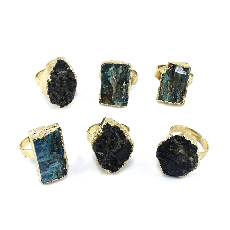 Natural Stone Adjustable Rings Irregular Black Tourmaline Blue Kyanite For Men Fashion Jewelry Charm Healing Energy