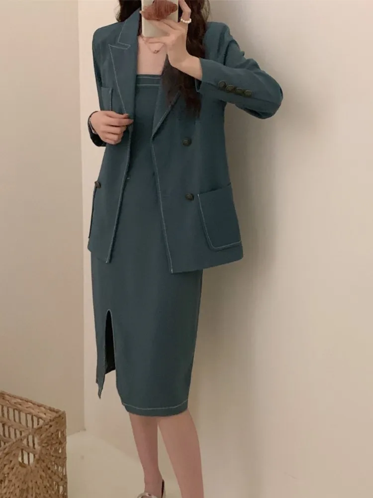 Autumn Fashion Elegant Women Dress Set Casual Solid Blazer Jackets Sleeveless Midi Dress 2 Pieces Set Female Outfits Clothes